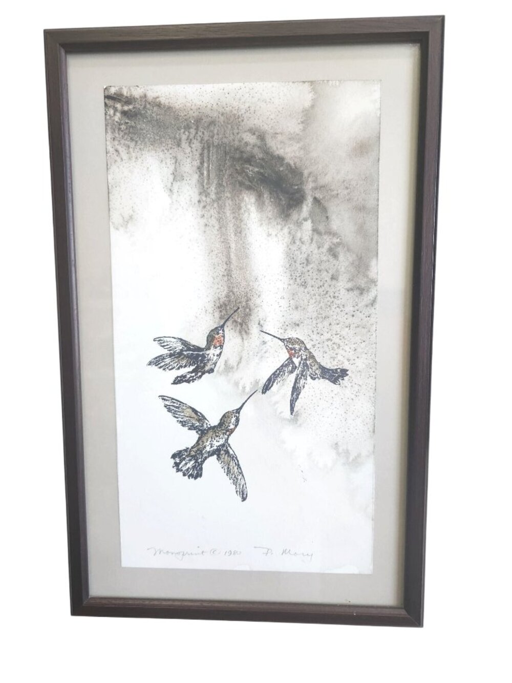 Vintage Mono Print Picture with Hummingbirds by P Mory Professionally framed